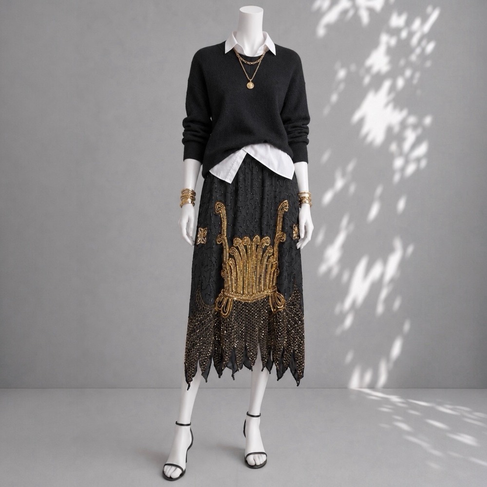 Vintage Whimsigoth Beaded Sequin Silk Skirt L /1X Black Gold Art Deco Fairy Midi
